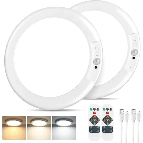Rechargeable Plastic Motion Sensor LED Ceiling Light - Adhesive Remote-Controlled Wireless Fixture with 10%-100% Dimming, 3 Color Temperatures, Renter-Friendly No Tools/Wiring Needed, 10h Nonstop Light, Batteries Included for Dorm, Shed, Bedroom