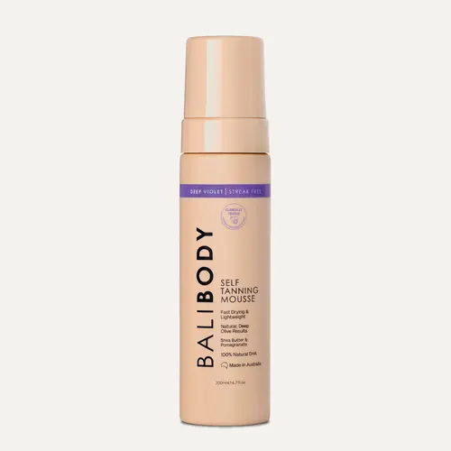 Bali Body Deep Violet Self Tanning Mousse – Ultra Dark Olive Tan That Lasts Up to 7 Days, Violet Base (No Orange), Streak-Free Fast-Drying Sunless Tanner with Shea Butter & Pomegranate, Vegan, All Skin Types incl. Sensitive, 6.7 oz