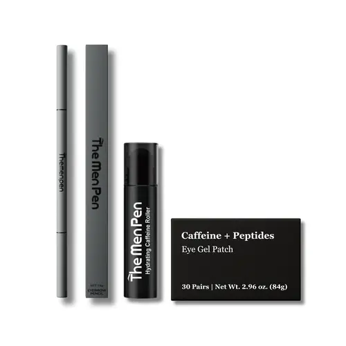 Men's Eye Care Kit - Travel-Friendly Pack with Pen+Roller+Patch, Caffeine Roller, Peptide Under Eye Patches, Waterproof Lightweight Hyaluronic Acid Gel, Hydrate & Firm, Daily Puffiness Dark Circles Treatment, Stainless Steel Night Routine Item