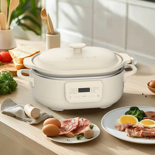 Multifunctional Cooker 8-in-1 4-Qt Lead/Cadmium-Free Nonstick Ceramic Porcelain Stoneware Pot, Digital Display, 500°F Oven-Safe, 120V, Wooden Spoon, Slow Cooker, Fits 2 lb. Roast, Easy Cleaning, for Families
