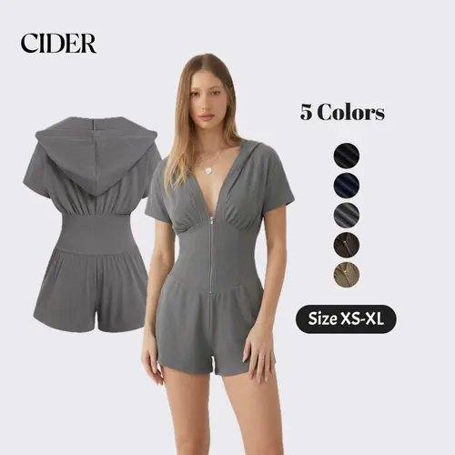 Cider Textured V-neck Ruched Front Romper with Zipper and Hood - Casual Sporty style Jumpsuit Womenswear SummerWins Dealsforyou