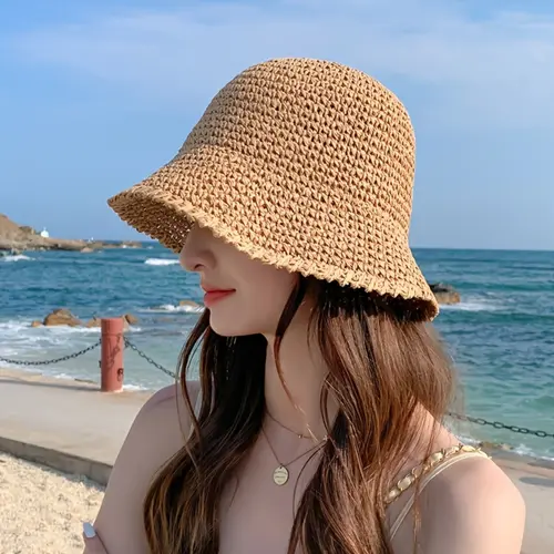 Women’s Handwoven Straw Fisherman Cap - Lightweight, Breathable Wide Brim, Foldable Coastal Accessory for Vacation, Travel | Hats for Women, Accessories For Women, Fisherman Hats,summerwins Adjustable Sun Hat beach essentials