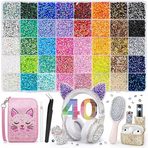 Multicolor Mix Resin Gems Kit - 40-Color 40000-Piece Ab Coating Bright Shine Sparkly Beads, 3mm Flatback Gems with Storage Box, Use Tweezers for Nail Art Accessories, Clothes DIY Projects - Ideal Craft Gift