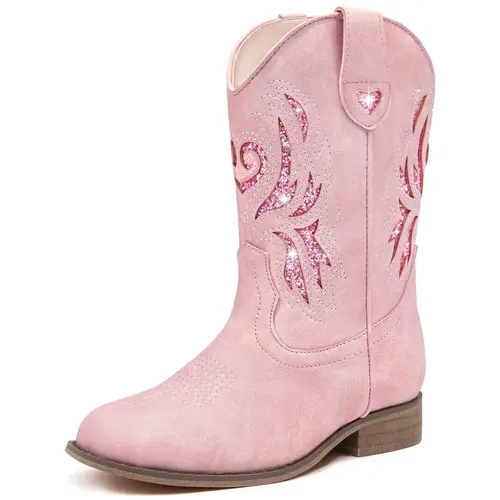 Girls' Glitter Detail Cowgirl Boots - Synthetic Footwear Boot, Low Heel, Mid-Calf, Square Toe, Zipper Closure, Party-To-Outdoor Ready for Toddler/Little Kid/Big Kid Riding & Birthday Events,sohochic