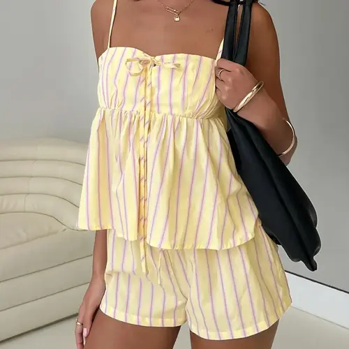 Striped Spaghetti Strap Cami Top Sleeveless Short Pants Set Women Sexy Chic Casual Everyday Daily Outfits Cute Shorts 2 Piece Set Womenswear Two Piece Set Women