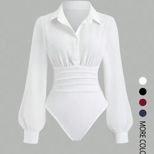 Women's solid color slim-fit V-neck long-sleeved shirt jumpsuit, elegant woven fabric, slim fit, suitable for all seasons, and can be layered flexibly, Bodysuits, Bodycon Bodysuit