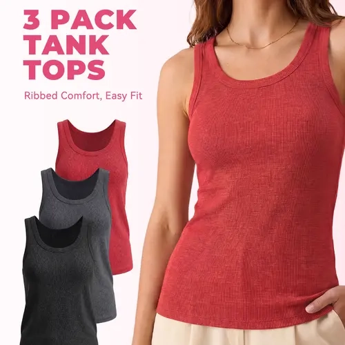 SHOWITTY 3 Pack Ribbed Tank Tops for Women – Crew Neck Sleeveless Stretch Polyester Spandex Basic Tops, Smooth Draped Fit