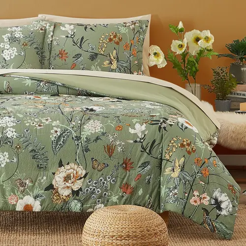 Melex Home King Size 7-Piece Floral Green Bedding Set - Affordable Cozy Setup Microfiber All-Season Botanical Comforter with Bed Cover, Bedsheet Sets, Pillowcases & Shams, Bed Cover Set, Bedding Sets