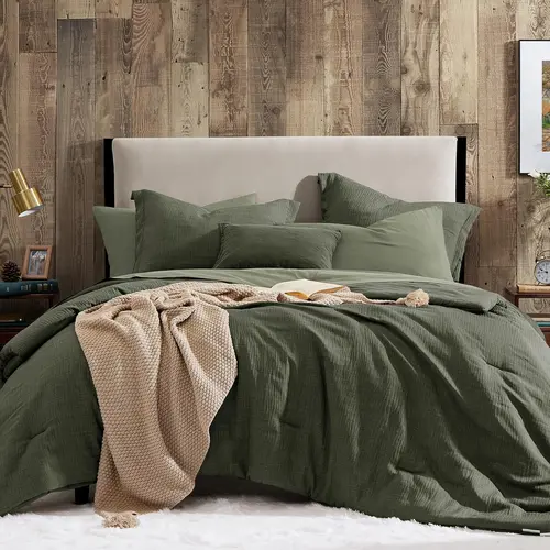 Dark Olive Green Queen Comforter Set - 7 Pieces Comforter Queen Size, Solid Bedding Set for All Season, Textured Bed in a Bag with Sheets, Quilt Set, Complete Bedding Sets