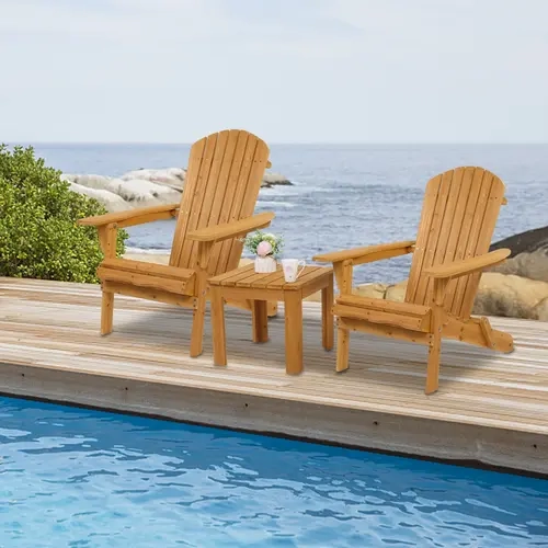 Wooden Slat Folding Adirondack Lounger Chair - Weather-Ready Fir Wood Outdoor Patio Furniture, Sturdy Outside Chair, Breathable Drain-Through Slats, Natural Finish, Broad Armrest, Roomy Slanted Seat, Compact Fold, 16lb, (72.5 x 77.5 x 90)cm, for Patios