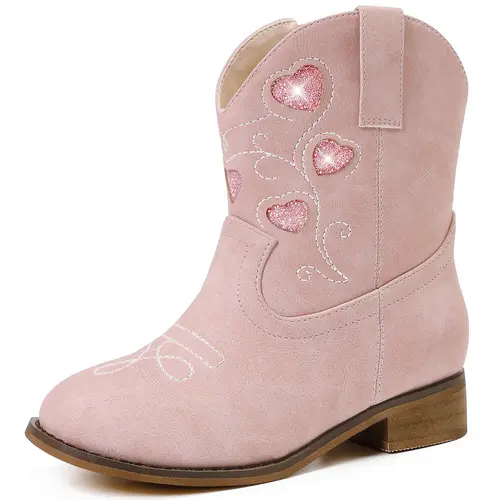 Toddler Girls' Western Ankle Bootie, Cowgirl Style - Square Toe, Glitter Hearts, Low Wedge Heel, Side Zipper, Western Ankle Bootie for Outdoor Horse Riding, From Playdates to Parties with Style, Steadier Steps