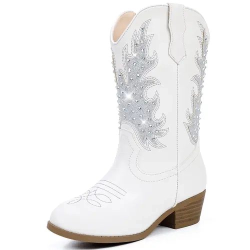 Girls' Sparkle Rhinestone Pointed Toe Cowboy Boots - Toddler to Big Girls, Side Zipper Boot, Kid-Self Zip, Mid-Calf, Low Wedge Heels, Synthetic, Cowboy Aesthetic, Dress-Up Ready, Safe, All Seasons, Christmas/Birthday Party Use