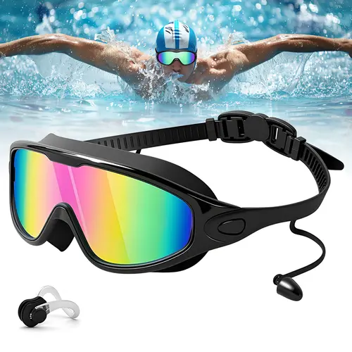 Swim Goggles With Earplugs and Nose Clip,Wide View Anti-Fog & UV, No Leaking Swim Glasses for Men, Women, Kids Swimming