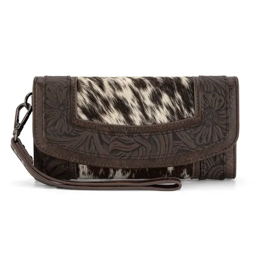 Montana West Wristlet Wallets for Women Western Floral Tooled Cowhide Wallets Large Capacity Trifold Wallet with ID Window