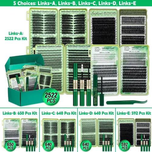 2522/650/640 Pcs Lash Clusters Kit, Eyelash Extensions Set, D Curl Mixed Length 14 Styles Spike/Wispy/Volume Lashes, Kit with Bond&Seal Tweezers, Beginner Friendly Lashes, For Beginners, DIY at Home Easily, Easy Apply for Makeup Daily