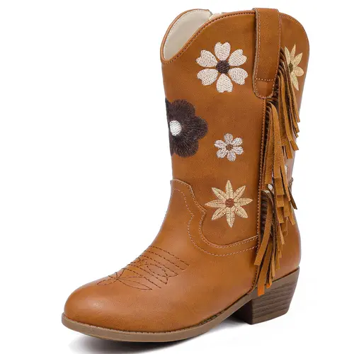 Girls' Western Cowgirl Boots - Toddler & Big Kid, Colorful Floral Embroidery, Fringe Accents, Low Wedge Heels, Easy to Put On and Take Off, All-Season Footwear for Wedding & Everyday Adventures