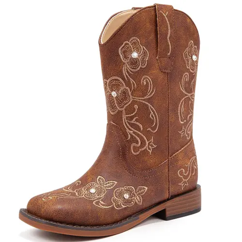Girls' Mid-Calf Wedge Heel Cowboy Boots - Classic Floral Embroidery, Sparkly Rhinestones, Side Zipper, Square Toe - Toddler/Kids Modern Fashion Casual Footwear for Birthdays, Holidays