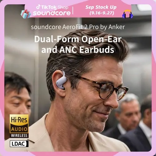 Soundcore AeroFit 2 Pro by Anker - Open-Ear Bluetooth Noise Cancelling Earbuds, Adaptive ANC Headphones, Hi-Res Audio, LDAC, 4-Mic AI Calls, 34H Playtime, IP55, 360° Spatial Audio, Multifunctional Bluetooth Earbuds for Commute, Fitness