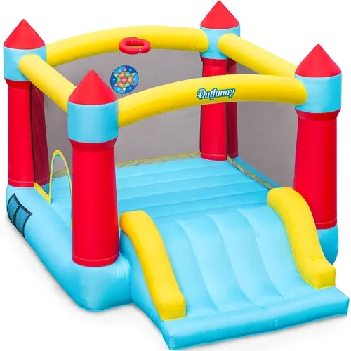 Outfunny 840D PVC Dual-Layer Fabric Bouncy Castle, 8'x8' Bounce Area, 400 lb Capacity, Backyard Jumps for 3-8 Years Kids, Builds Coordination, Indoor/Outdoor Playground, Includes 6 Ground Stakes, 4 Repair Patches, Mini Ball, Pump, 3 Slim Balls