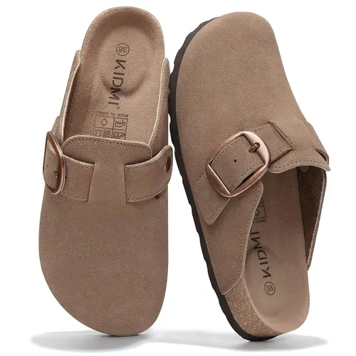 KIDMI Genuine Suede Clogs for Women Memory Foam Cork Footbed Potato Shoes Slip On Leather Mules with Big Buckle,Arch Support, Comfortable, Leather Slip On, Fall, Casual, Indoor Outdoor, Non-slip Rubber Sole, Adjustable Metal Buckle