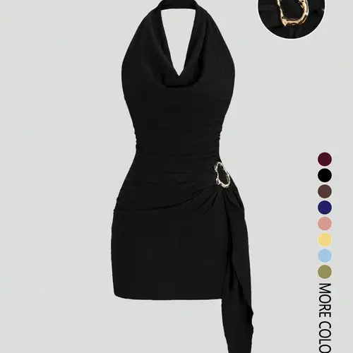Women's Fashion Solid Color Ruched Halter Dress, Casual Office Wear, Elegant Backless Design, Perfect for Daily Wear, Stylish and Comfortable Dress