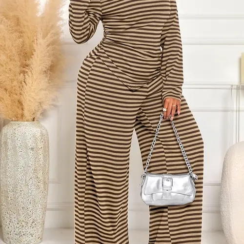 Plus Size Elegant Casual Striped Women's Two-Piece Set, High Waist Long Pants and Asymmetric Hem Top, Plus Size Fashion for All Seasons, Sleeves, Womenswear, Fashion Clothes Set