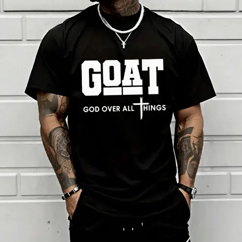 “God Over All” graphic T-shirt for men, 100% cotton, breathable loose streetwear short sleeve, urban faith style casual tee for everyday outdoor wear — trendy Christian casual top, short sleeve, menswear, T-shirt, crew neck, TikTok Shop Spring Glow Up.,su