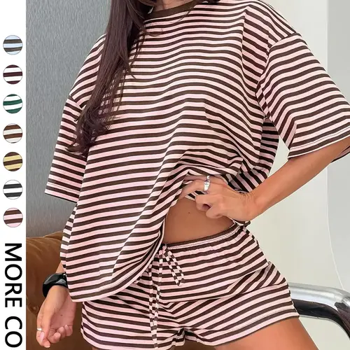 2 Spring Summer Stripe Print 2 Piece Outfit Women Clothes | Oversized T-Shirt + Drawstring Shorts | Soft Casual Knit Lounge Set | Y2K Clean Girl Style for Daily Home Vacation Wear