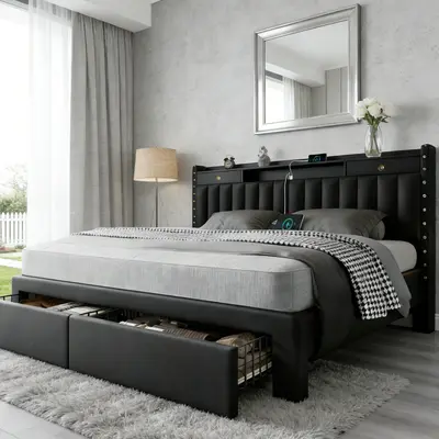 TryLazy Queen bed frame with 4 Storage Drawers No MATTRESS  Wood Slats Holds 900lbs No Noise No Box Spring Needed  White Rivet Design USB Socketbed base,bed with charging, queen size velvet,bed frames,bed frame for queen, queen bed,metal bed frame summerg