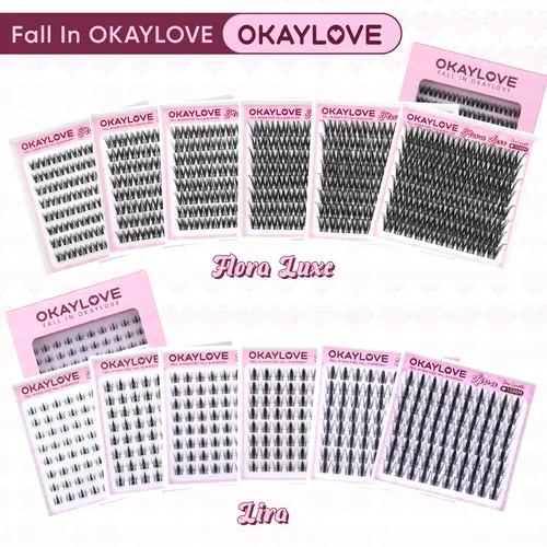 OKAYLOVE Cluster Lashes Kit - Cosmetic Bundle with Lightweight Cross Soft Lash Clusters (8/10/12/14/16-18mm), Doll Eye Effect Extensions, Easy At-Home DIY Application, Natural & Dramatic False Eyelashes & Adhesives, Ideal Girl Gifts for Flora Luxe|Lira