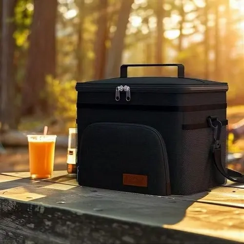 Black Polyester Heat Insulation Soft-Sided Lunch Bag with Brown Leather Label, Leakproof Reusable Tote for Work/Campus Life, Roomy Food & Drink Storage for Back to School Haul, Packing Lunch for My Kid/Husband