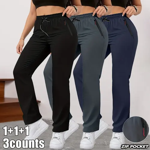 Women’s High-Waist Straight-Leg Pants, 3-Pack — Casual Athletic Lightweight Pants, Suitable for Exercise, Yoga, and Running