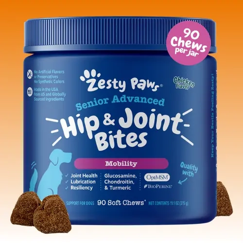 Zesty Paws Senior Advanced Hip & Joint Bites for Senior Dogs, Mobility, 90 ct, Chicken Flavor, Joint Health and Resiliency
