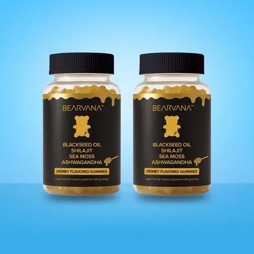 BEARVANA 4-in-1 Wellness Energy Gummies Double-Pack - Black Seed Oil, Shilajit, Sea Moss, Ashwagandha Root, Honey Flavor, Vitamins C & D, 2-Month Supply, 120 Chews - Fitness, Vitamins Supplements for Longer Use, Energy Gummies Vitamins Supplements