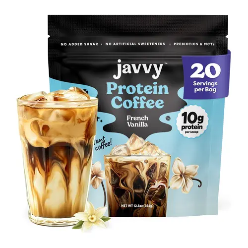 Javvy French Vanilla Protein Iced Coffee Beverage - Premium Whey Protein, Instant Iced Coffee, 100% Natural Cold Brew - 0 Artificial Flavors, 0 Sweeteners, 80 mg Caffeine, No Added Sugar, 20 Servings