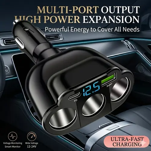 Nuokaiqi 5-in-1 66W Power Automotive Car Charger Hub - 3-Socket QC Fast Charging Device, 22.5W Electronic Charger, Real-Time Voltage Display, 12V/24V Vehicle Plug Adapter, High-Efficiency Auto Accessory for Phones