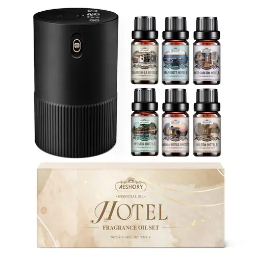 AESHORY Waterless Essential Oil Diffuser Starter Kit - Hotel-Scented Freshener, Battery-Operated Compact Scent Device for Home or Car, Portable Aromatherapy Tool to Upgrade Your Drive (Black)
