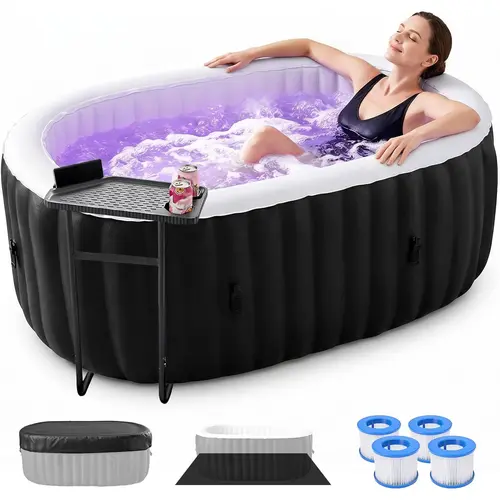 ABORON Inflatable Adult Hot Tub, 75"x47"x25" Oval 3Layer PVC Tub for 1-2 Person - 100 Bubble Jets, 1350W Double-Tube Heating, 104°F Capability, Water Filtration, Compact Leak-Resistant, Insulated Filter Cover, Built-In Side Table for Outdoor Use
