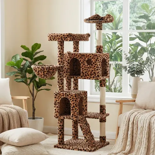 MUTICOR Leopard Print 64in/68in/74in/81in Multi-Level Cat Tower for Large Indoor Cats with Cozy Perches, Condo, Scratching Posts & Hammock