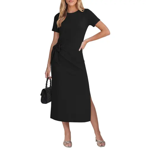 GRAPENT Women's French Minimal Chic Casual Summer Dress - Short-Sleeve Breezy Cotton-Blend Round Neck Midi, Elastane, Side Split, Self-Tie Waist, Leg-Lengthening Effortless Elegance Vacation Outfit