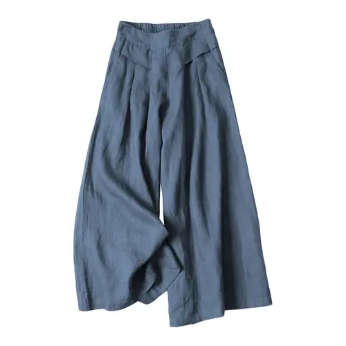 Tanming Womens Cotton-Linen Wide-Leg Pants - High-Waisted Pleated Casual Palazzo Trousers with Pockets - Spring Summer Fall Daily Beach Vacation