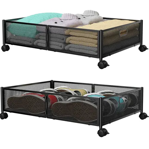 Flycity Under Bed Storage Box 2 Pack  with Rotating Wheels , Under Bed Shoe Storage Organizer Drawer for Bedroom Clothes Shoes Blankets (Black/White)