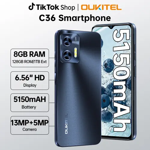 OUKITEL C36 Lightweight Mobile Phone - Android Cellphone, Global 4G Mobile, 12GB+128GB, 6.56in HD+ Touch Screen, Octa-Core, 5150mAh Battery, Dual SIM, 13MP Main Camera, Face ID, Fingerprint Unlock, Type-C, Micro SD Slot, Supports Fast Charging, sohochic