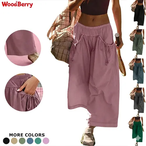 WoodBerry Women's Quick Dry Korean Baggy Parachute Capri Pants - Drawstring Waist, Pockets, Lightweight Wide-Leg Trousers for Casual Outdoors, Back to School, New Year
