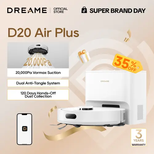 【Super Brand Day】DREAME D20 Air Plus/ D20 Plus Robot Vaccum and Mop Combo with 20,000Pa Suction, Anti-Tangling Tech, Auto-Emptying Dock, Deep Carpet Cleaning and Smart Navigation Black