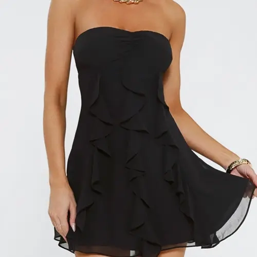 Women's Strapless Solid Color Ruffled Flare Mini Dress, Sexy Formal Occasion Party Wear for Daily Outfit