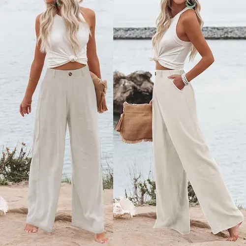 Molitree Women's Cotton Linen Pants Casual Summer Trousers High Waisted Wide Leg Dress Pants with Pockets Button Up Loose Fit Casual Comfy Trouser Casual Elastic Waist