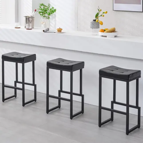 FIRAVOE Modern 2-Piece Armless Backless PU Leather Barstools Set - 24-28" Counter Height Saddle Seats, Durable Metal Frame, Adjustable Foot, Antislip Pads, 300lb Capacity, Compact Ergonomic Heavy-Duty Home Bar Furniture, Easy to Assemble & Clean