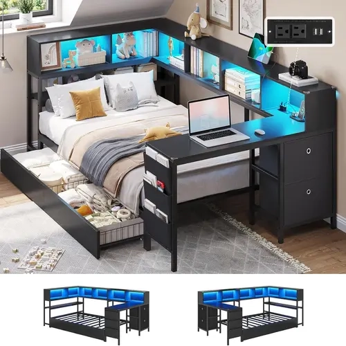 Sikaic Corner Twin Bed Frame with Desk, Charging Station and Bookcase Storage Twin Size Daybed for Kids/Teen with Storage Drawers, Led Lights and Shelves Twin Size Platform Bed Frame with Desk, Home Furniture Christmas Gifts [TiktokShopFallDealsForYou]
