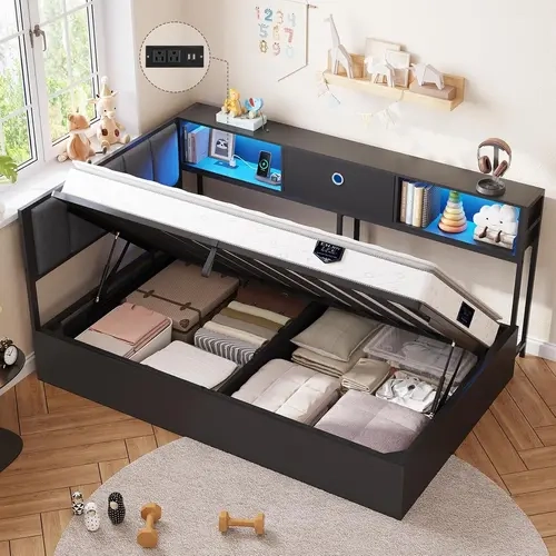 Sikaic Corner Lift up Storage Bed Frame with LED Lights and Charging Station Daybed for Teen with Hydraulic Storage and Bookcase, Platform Corner Bed with Upholstered Headboard, Home Furniture Christmas Gifts [TiktokShopFallDealsForYou]